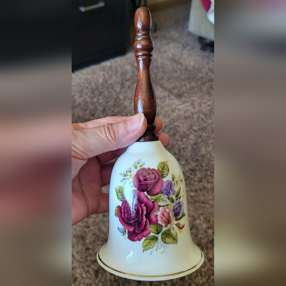 Vintage Fine Bone China White Bell with Wood Handle Floral Rose Flowers